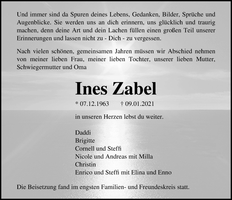  Traueranzeige für Ines Zabel vom 20.02.2021 aus Ostsee-Zeitung GmbH