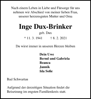 Traueranzeige von Inge Dux-BAnker von Lübecker Nachrichten