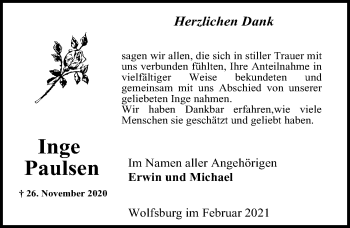 Traueranzeige von Inge Paulsen von Aller Zeitung