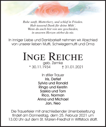 Traueranzeige von Inge Reiche von Märkischen Allgemeine Zeitung