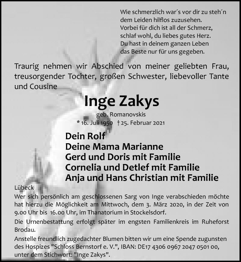  Traueranzeige für Inge Zakys vom 28.02.2021 aus Lübecker Nachrichten