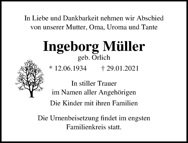  Traueranzeige für Ingeborg Müller vom 06.02.2021 aus Märkischen Allgemeine Zeitung