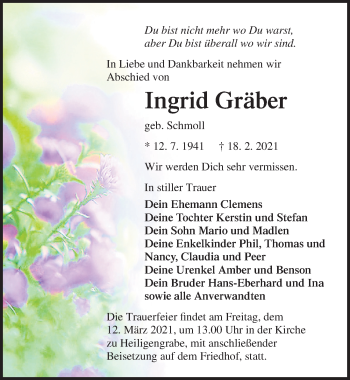 Traueranzeige von Ingrid Gräber von Märkischen Allgemeine Zeitung
