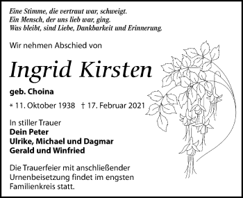 Traueranzeige von Ingrid Kirsten von Leipziger Volkszeitung