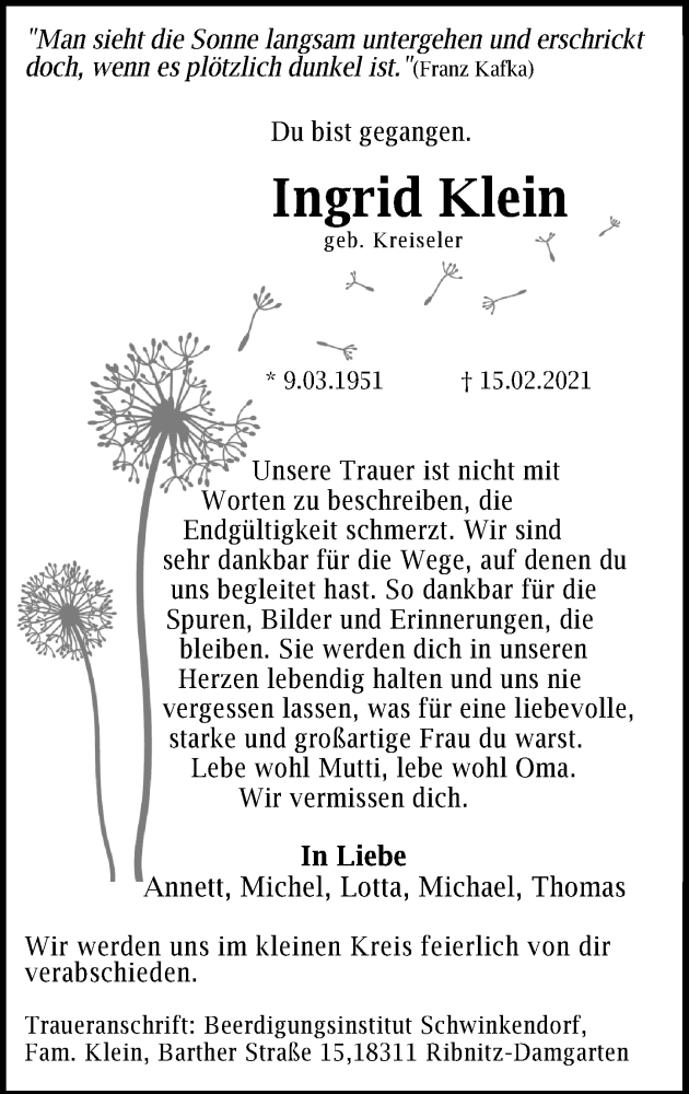  Traueranzeige für Ingrid Klein vom 27.02.2021 aus Ostsee-Zeitung GmbH