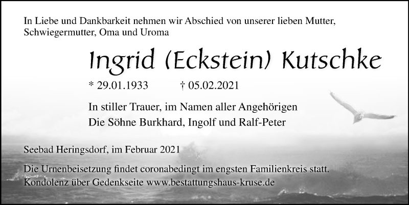  Traueranzeige für Ingrid Kutschke vom 13.02.2021 aus Ostsee-Zeitung GmbH
