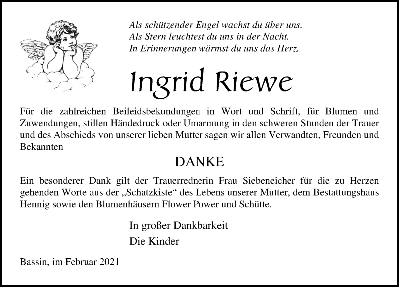 Traueranzeigen von Ingrid Riewe | trauer-anzeigen.de