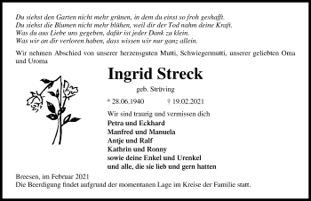 Traueranzeige von Ingrid Streck von Ostsee-Zeitung GmbH