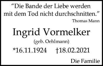 Traueranzeige von Ingrid Vormelker von Ostsee-Zeitung GmbH
