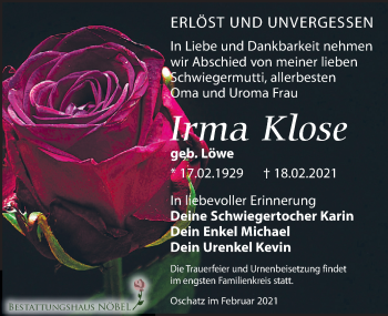 Traueranzeige von Irma Klose von Leipziger Volkszeitung