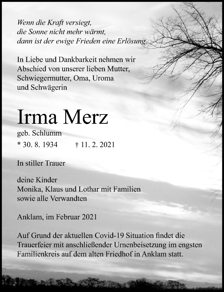  Traueranzeige für Irma Merz vom 16.02.2021 aus Ostsee-Zeitung GmbH