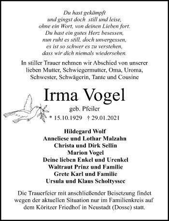 Traueranzeige von Irma Vogel