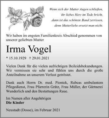 Traueranzeige von Irma Vogel