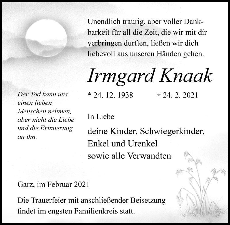  Traueranzeige für Irmgard Knaak vom 27.02.2021 aus Ostsee-Zeitung GmbH