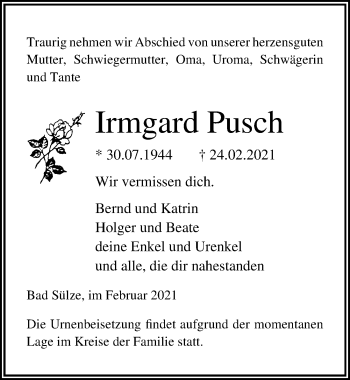 Traueranzeige von Irmgard Pusch von Ostsee-Zeitung GmbH