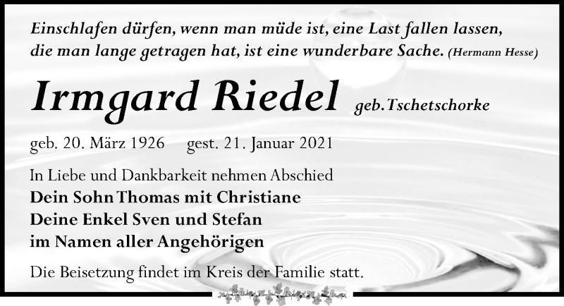  Traueranzeige für Irmgard Riedel vom 20.02.2021 aus Leipziger Volkszeitung