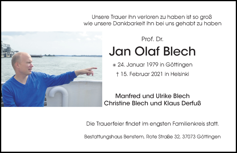  Traueranzeige für Jan Olaf Blech vom 27.02.2021 aus Göttinger Tageblatt