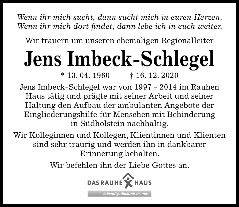  Traueranzeige für Jens Imbeck-Schlegel vom 13.02.2021 aus Kieler Nachrichten