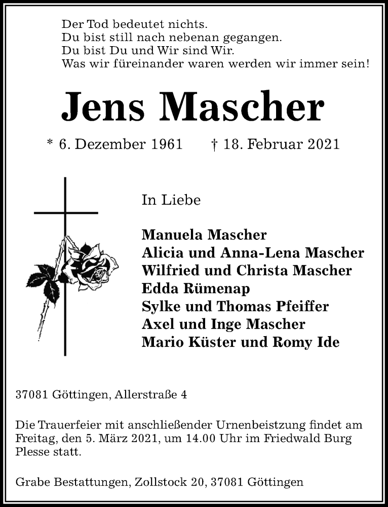  Traueranzeige für Jens Mascher vom 20.02.2021 aus Göttinger Tageblatt
