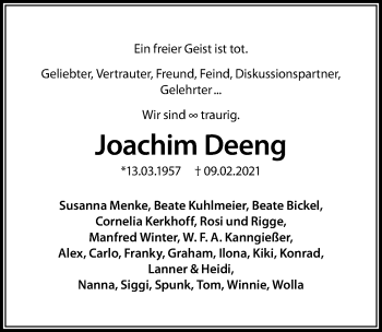 Traueranzeige von Joachim Deeng von Göttinger Tageblatt
