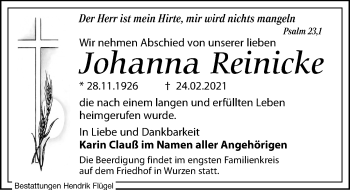 Traueranzeige von Johanna Reinicke von Leipziger Volkszeitung