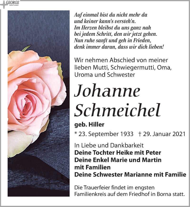  Traueranzeige für Johanne Schmeichel vom 06.02.2021 aus Leipziger Volkszeitung