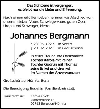 Traueranzeige von Johannes Bergmann von Leipziger Volkszeitung