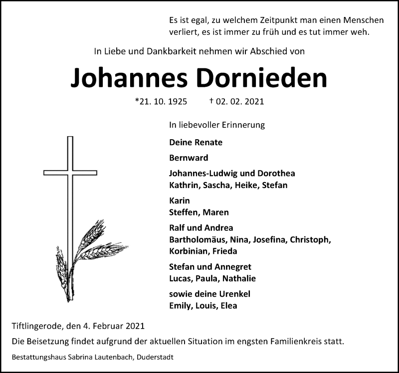  Traueranzeige für Johannes Dornieden vom 04.02.2021 aus Eichsfelder Tageblatt