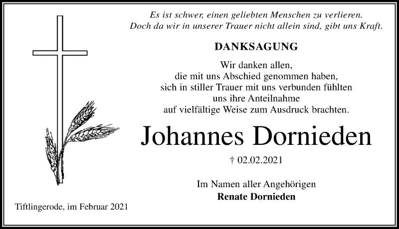  Traueranzeige für Johannes Dornieden vom 20.02.2021 aus Eichsfelder Tageblatt