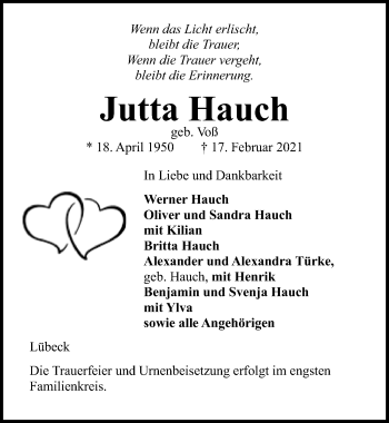 Traueranzeige von Jutta Hauch von Lübecker Nachrichten