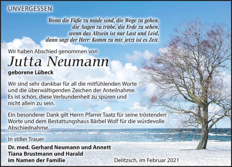  Traueranzeige für Jutta Neumann vom 20.02.2021 aus Leipziger Volkszeitung