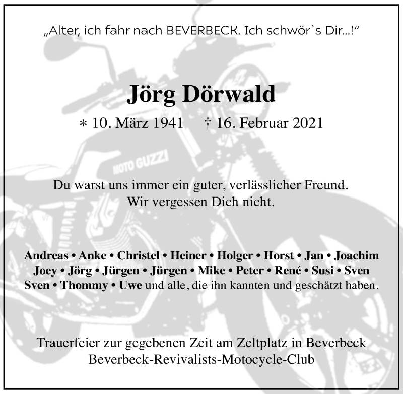 Traueranzeige für Jörg Dörwald vom 21.02.2021 aus Lübecker Nachrichten