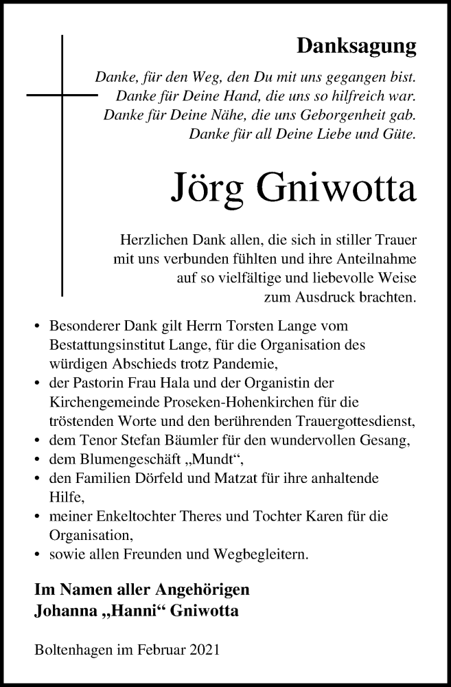  Traueranzeige für Jörg Gniwotta vom 13.02.2021 aus Ostsee-Zeitung GmbH