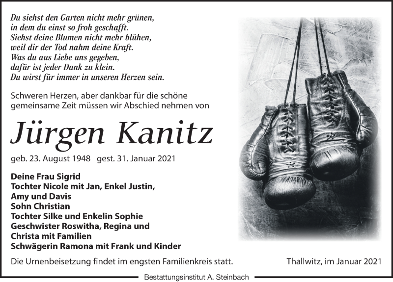  Traueranzeige für Jürgen Kanitz vom 20.02.2021 aus Leipziger Volkszeitung