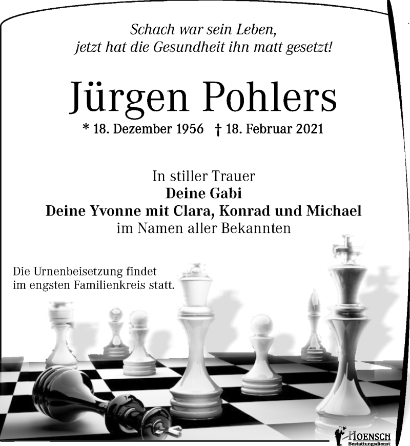  Traueranzeige für Jürgen Pohlers vom 27.02.2021 aus Leipziger Volkszeitung