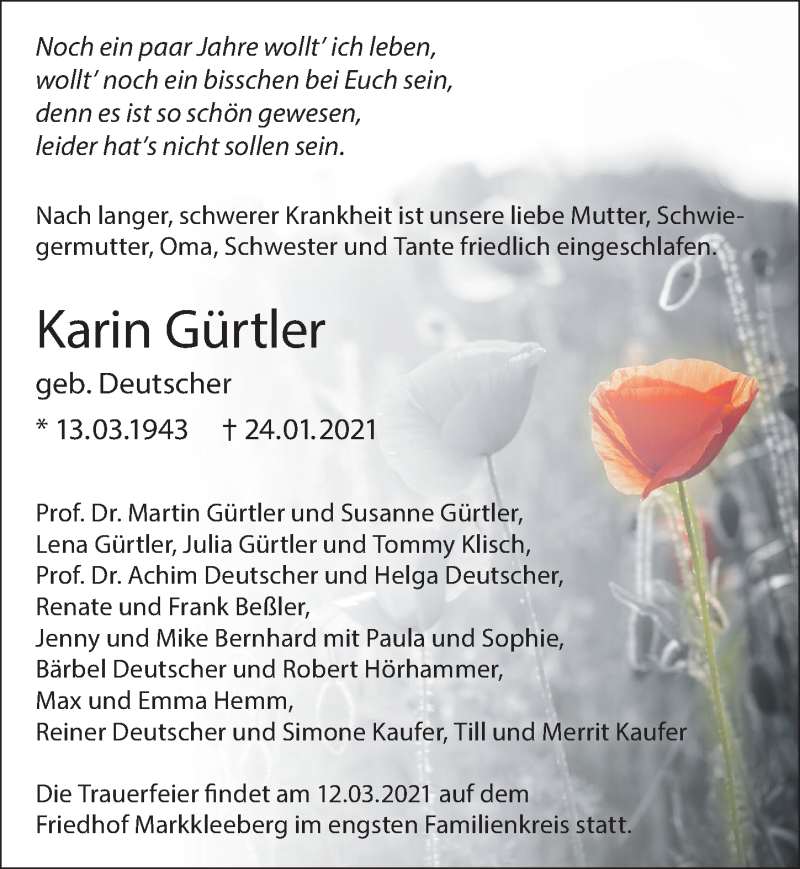  Traueranzeige für Karin Gürtler vom 27.02.2021 aus Leipziger Volkszeitung