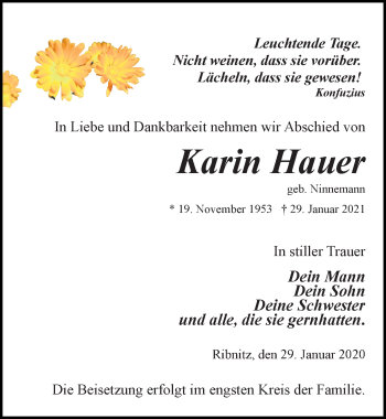 Traueranzeige von Karin Hauer von Ostsee-Zeitung GmbH