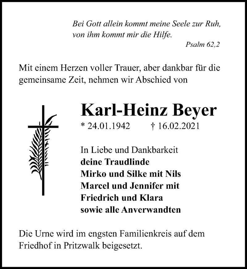  Traueranzeige für Karl-Heinz Beyer vom 20.02.2021 aus Märkischen Allgemeine Zeitung