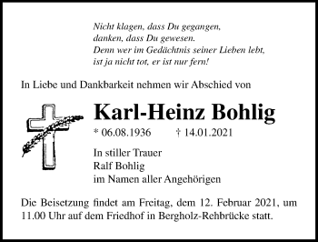 Traueranzeige von Karl-Heinz Bohlig von Märkischen Allgemeine Zeitung