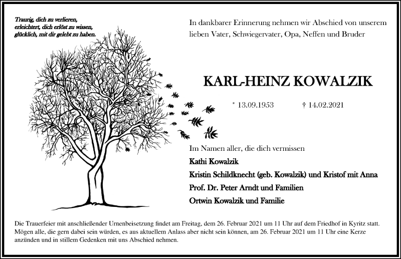  Traueranzeige für Karl-Heinz Kowalzik vom 20.02.2021 aus Märkischen Allgemeine Zeitung