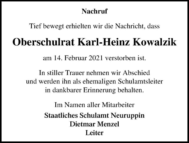  Traueranzeige für Karl-Heinz Kowalzik vom 27.02.2021 aus Märkischen Allgemeine Zeitung