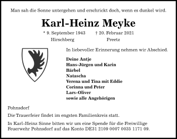 Traueranzeige von Karl-Heinz Meyke von Kieler Nachrichten