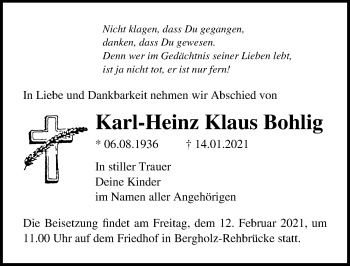 Traueranzeige von Karl-Heinz Klaus Bohlig von Märkischen Allgemeine Zeitung