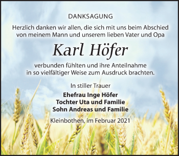 Traueranzeige von Karl Höfer von Leipziger Volkszeitung