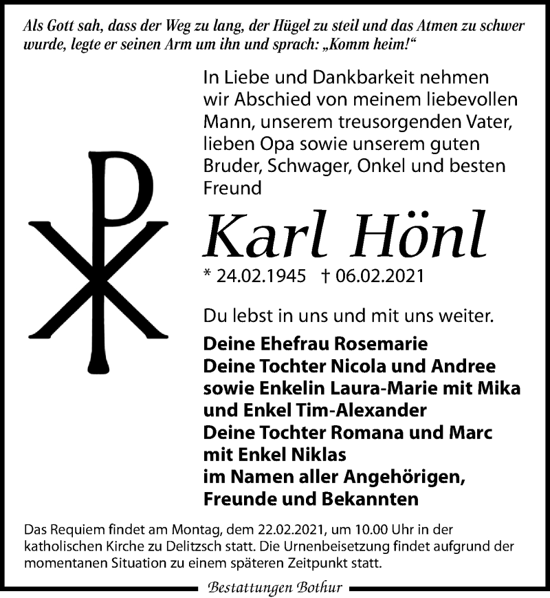  Traueranzeige für Karl Hönl vom 13.02.2021 aus Leipziger Volkszeitung