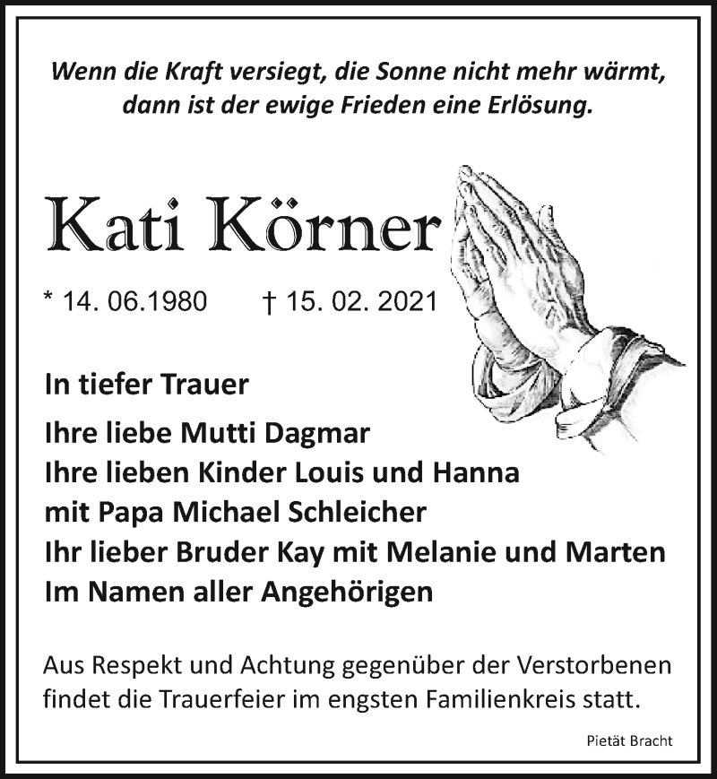  Traueranzeige für Kati Körner vom 27.02.2021 aus Leipziger Volkszeitung