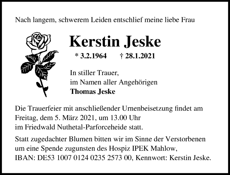  Traueranzeige für Kerstin Jeske vom 20.02.2021 aus Märkischen Allgemeine Zeitung
