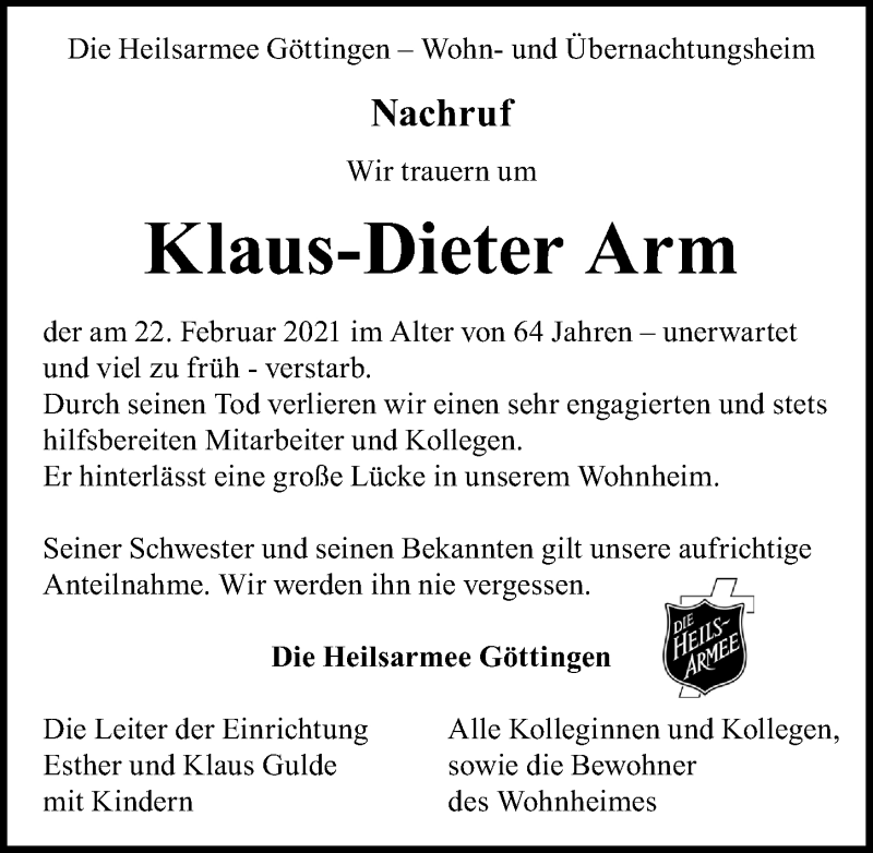  Traueranzeige für Klaus-Dieter Arm vom 27.02.2021 aus Göttinger Tageblatt