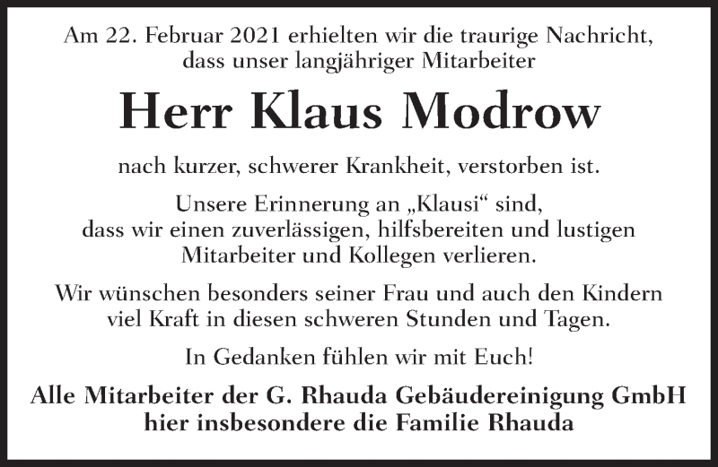  Traueranzeige für Klaus Modrow vom 27.02.2021 aus Märkischen Allgemeine Zeitung