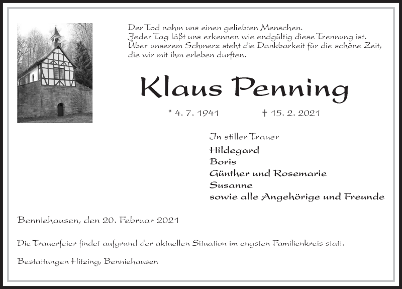  Traueranzeige für Klaus Penning vom 20.02.2021 aus Göttinger Tageblatt